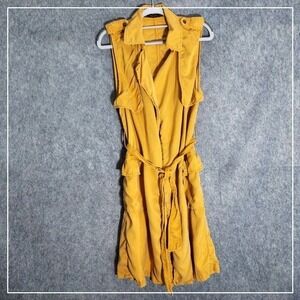 Zara Tunic XS‎ Yellow Longline Trench Wrap Belt Sleeveless Collared Military